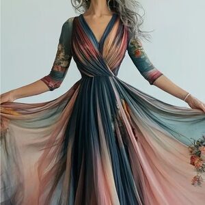 Bohemian V-Neck Long-Sleeve Chiffon Maxi Dress in Multicolor Ombre
